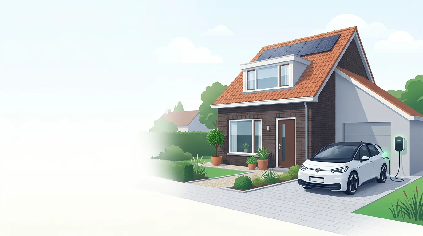 Elektrische auto laadt aan een laadpaal op een oprit bij een woning