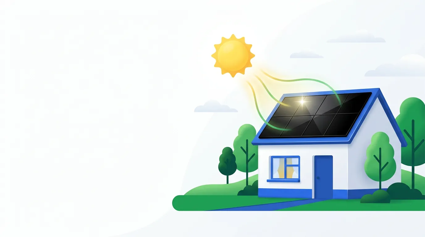Zonnepanelen op een schuin dak van een woonhuis met blauwe lucht